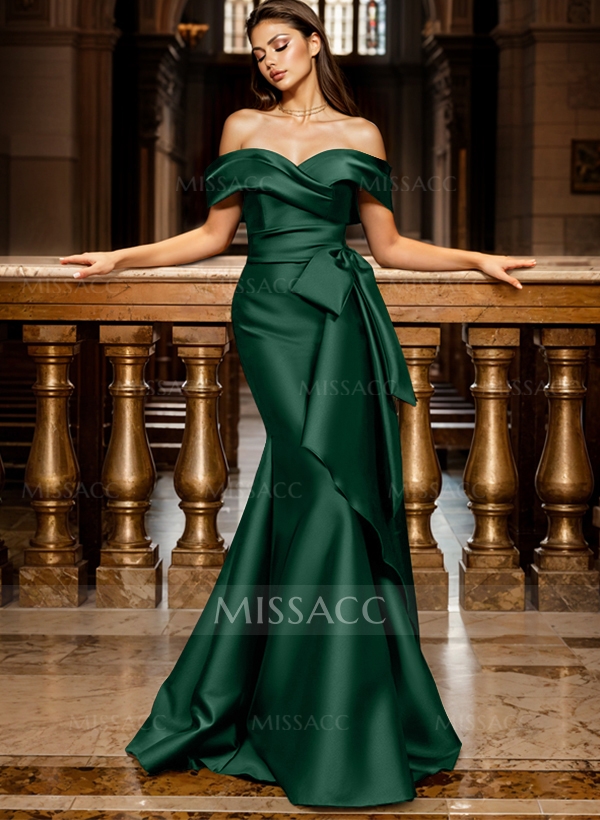 Seductive Bow Accented Waist Evening Dresses With Off-Shoulder Collar Draping