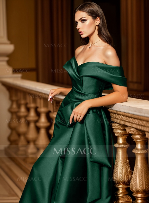 Seductive Bow Accented Waist Evening Dresses With Off-Shoulder Collar Draping