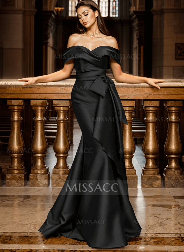 Seductive Bow Accented Waist Evening Dresses With Off-Shoulder Collar Draping