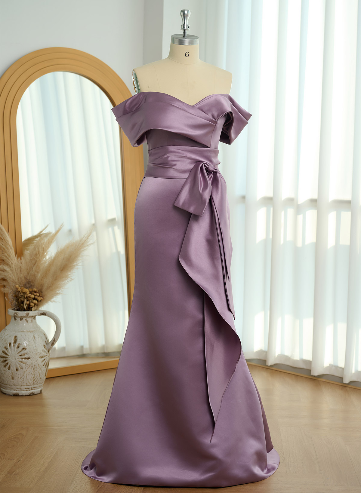 Seductive Bow Accented Waist Evening Dresses With Off-Shoulder Collar Draping