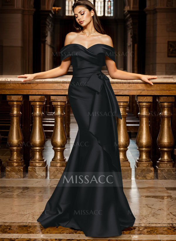 Seductive Bow Accented Waist Evening Dresses With Off-Shoulder Collar Draping
