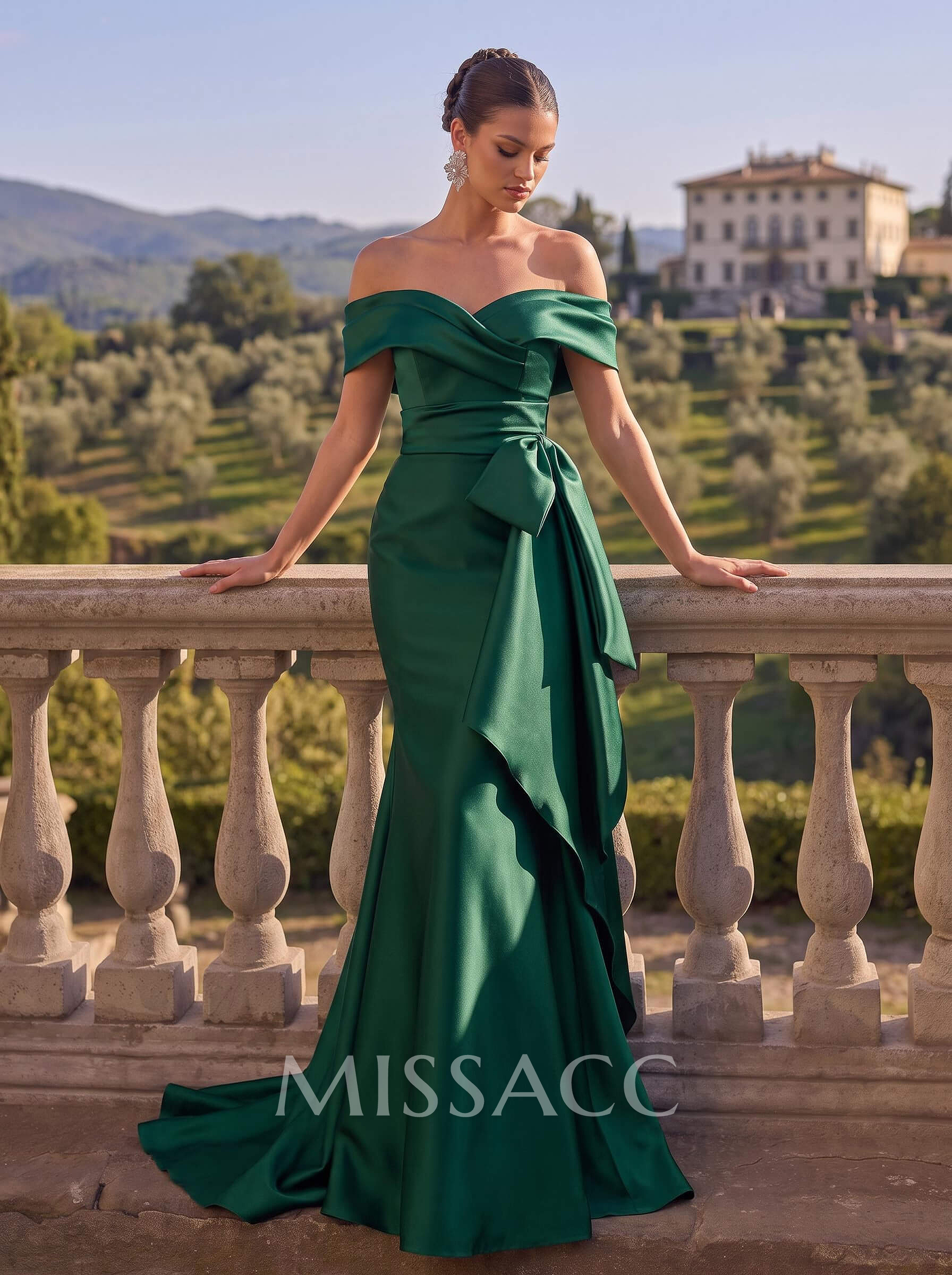 Seductive Bow Accented Waist Evening Dresses With Off-Shoulder Collar Draping Seductive Bow Accented Waist Evening Dresses With Off-Shoulder Collar Draping
