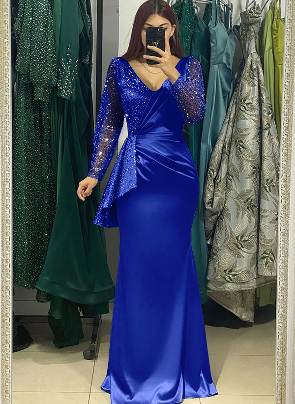 Sheath V-Neck Long Sleeves Sweep Train Silk Like Satin Evening Dresses