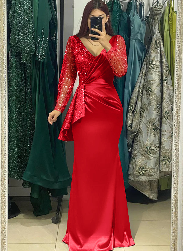Sheath V-Neck Long Sleeves Sweep Train Silk Like Satin Evening Dresses
