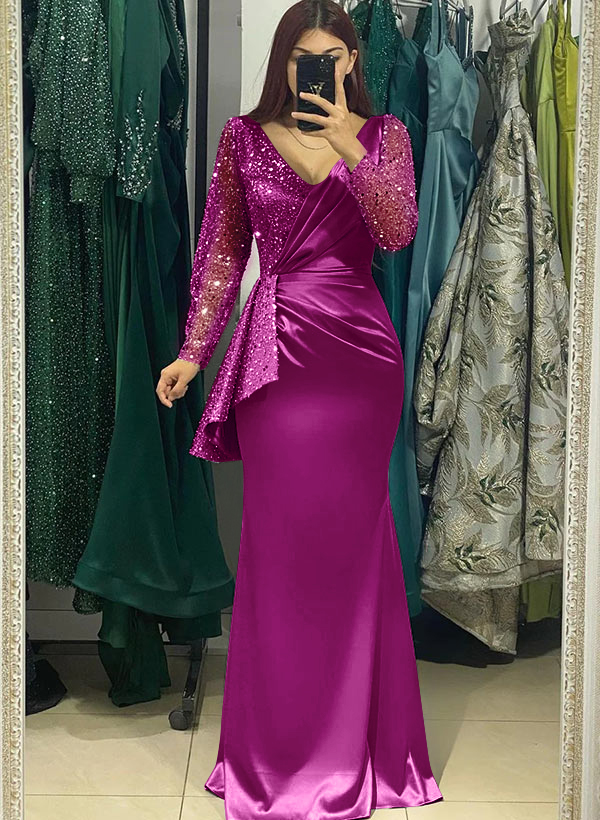 Sheath V-Neck Long Sleeves Sweep Train Silk Like Satin Evening Dresses