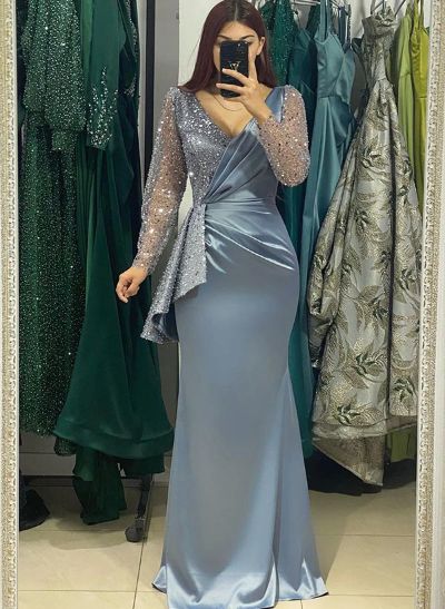 Sheath V-Neck Long Sleeves Sweep Train Silk Like Satin Evening Dresses