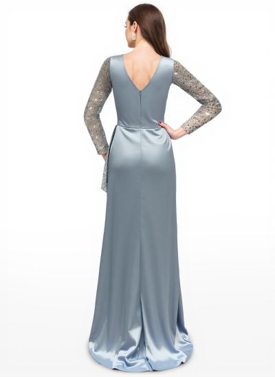 Sheath V-Neck Long Sleeves Sweep Train Silk Like Satin Evening Dresses