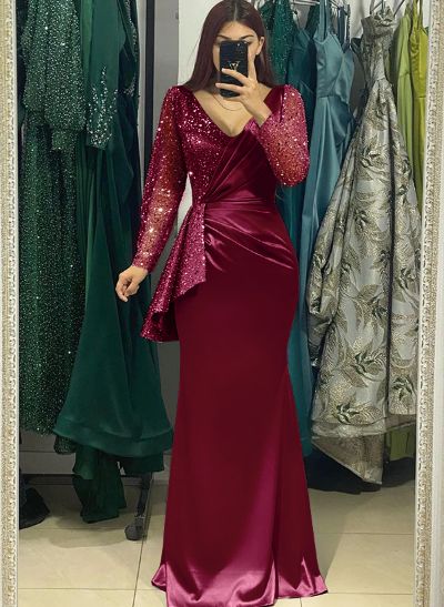 Sheath V-Neck Long Sleeves Sweep Train Silk Like Satin Evening Dresses