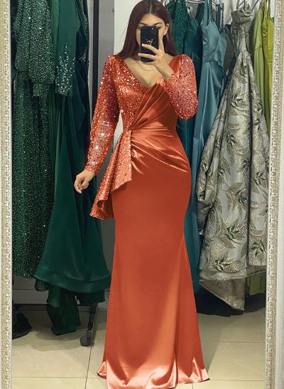 Sheath V-Neck Long Sleeves Sweep Train Silk Like Satin Evening Dresses