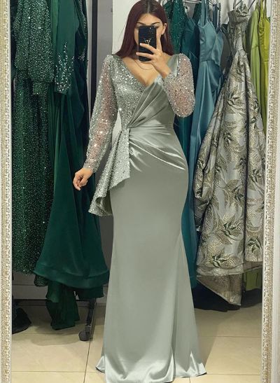 Sheath V-Neck Long Sleeves Sweep Train Silk Like Satin Evening Dresses