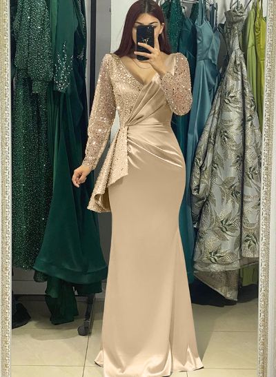 Sheath V-Neck Long Sleeves Sweep Train Silk Like Satin Evening Dresses