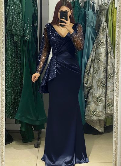 Sheath V-Neck Long Sleeves Sweep Train Silk Like Satin Evening Dresses