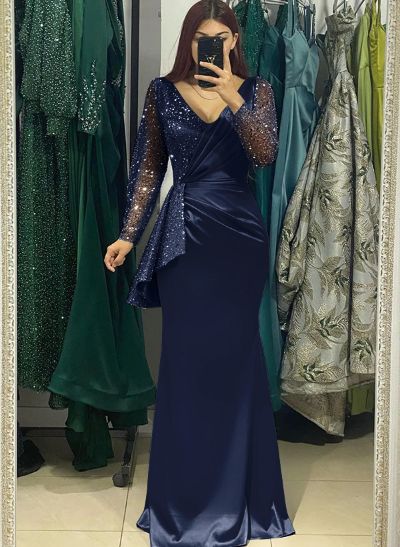 Sparkle Two Tone Long Bedazzled Sleeves Ruffled Waist Silk Like Satin Evening Dresses