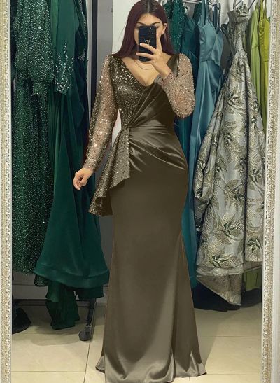 Sparkle Two Tone Long Bedazzled Sleeves Ruffled Waist Silk Like Satin Evening Dresses