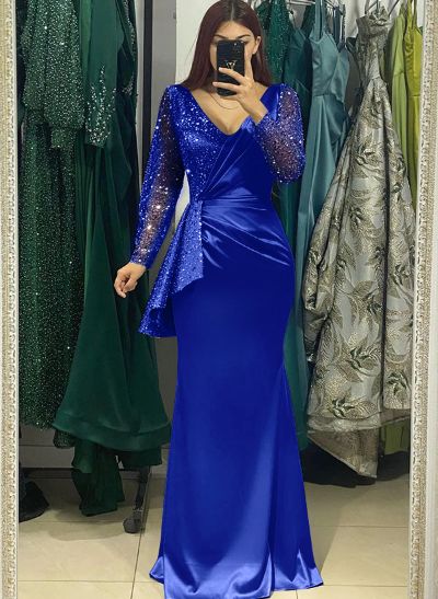 Sparkle Two Tone Long Bedazzled Sleeves Ruffled Waist Silk Like Satin Evening Dresses