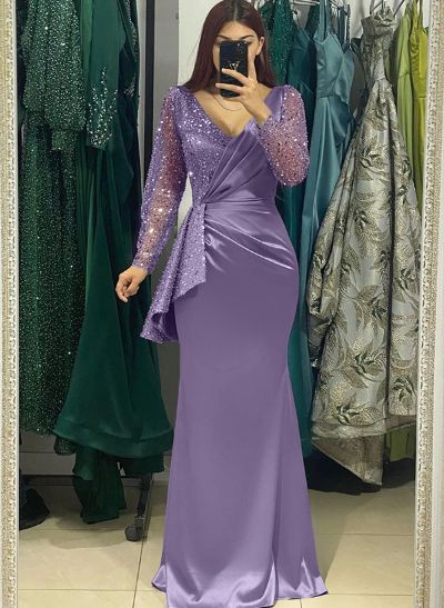 Sheath V-Neck Long Sleeves Sweep Train Silk Like Satin Evening Dresses