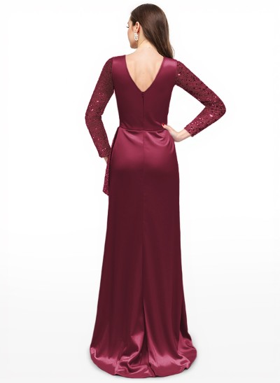 Sheath V-Neck Long Sleeves Sweep Train Silk Like Satin Evening Dresses