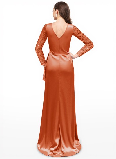 Sheath V-Neck Long Sleeves Sweep Train Silk Like Satin Evening Dresses