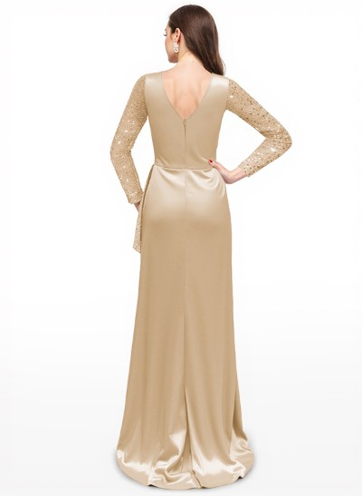 Sheath V-Neck Long Sleeves Sweep Train Silk Like Satin Evening Dresses