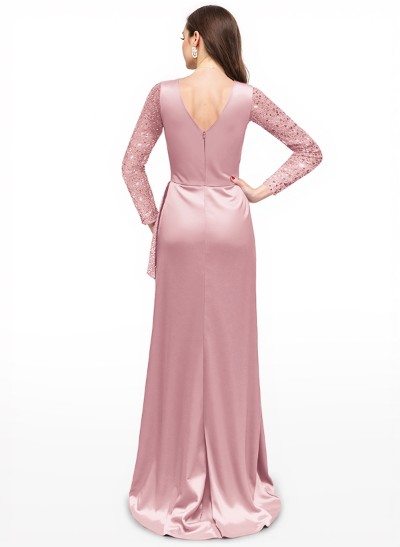 Sheath V-Neck Long Sleeves Sweep Train Silk Like Satin Evening Dresses