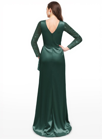 Sheath V-Neck Long Sleeves Sweep Train Silk Like Satin Evening Dresses