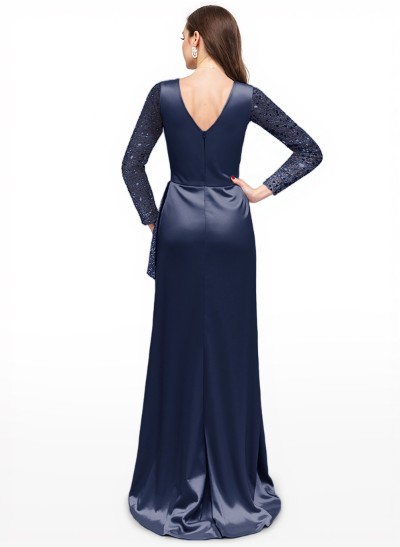 Sparkle Two Tone Long Bedazzled Sleeves Ruffled Waist Silk Like Satin Evening Dresses
