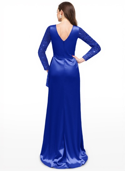 Sparkle Two Tone Long Bedazzled Sleeves Ruffled Waist Silk Like Satin Evening Dresses