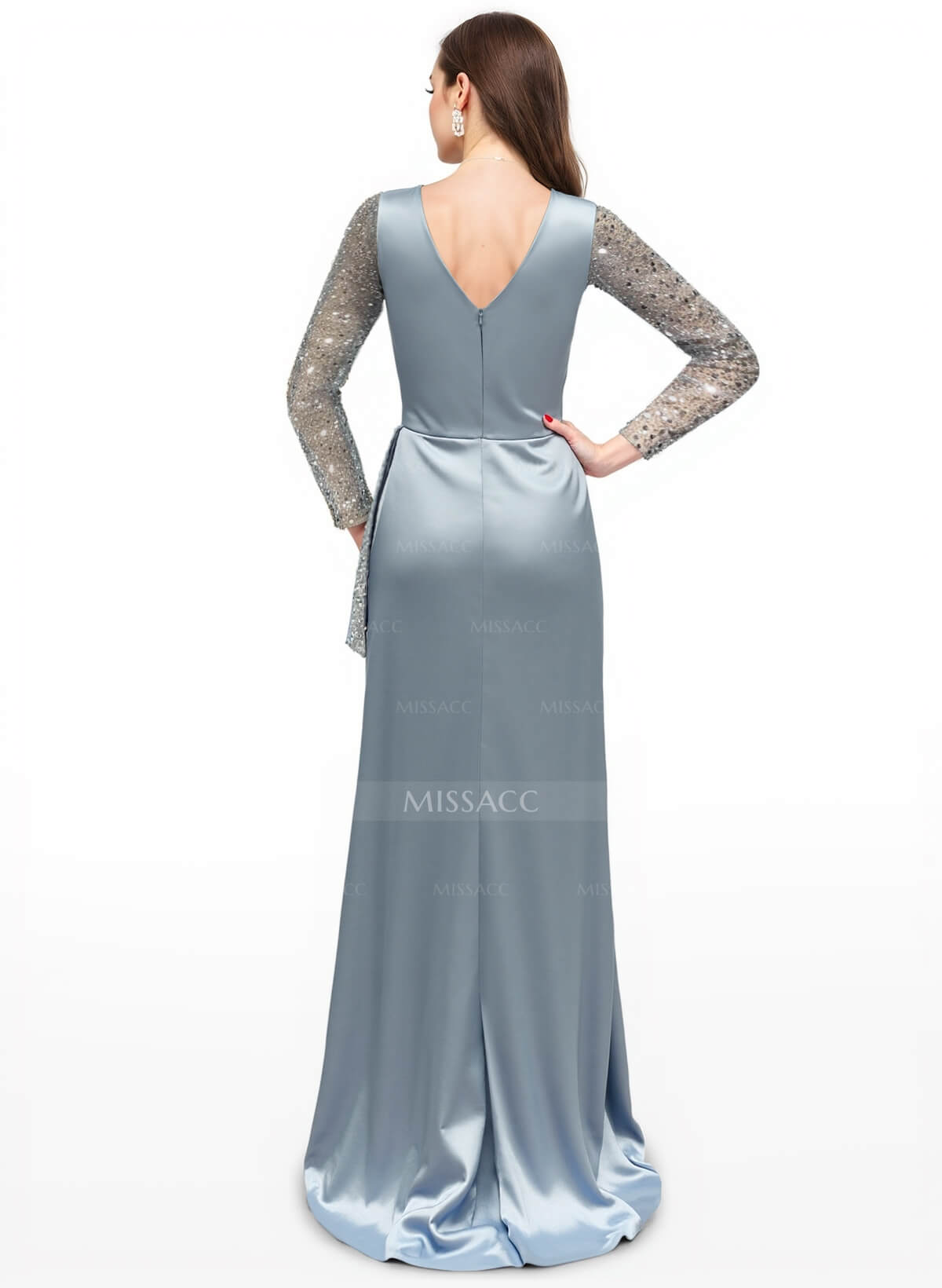 Sparkle Two Tone Long Bedazzled Sleeves Ruffled Waist Silk Like Satin Evening Dresses