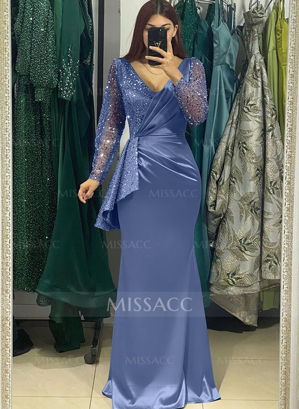 Sparkle Two Tone Long Bedazzled Sleeves Ruffled Waist Silk Like - Main Image