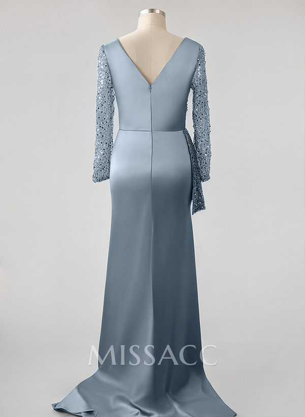 Sparkle Two Tone Long Bedazzled Sleeves Ruffled Waist Silk Like Satin Evening Dresses