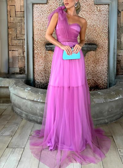 A-Line One-Shoulder Sleeveless Sweep Train Tulle Evening Dresses