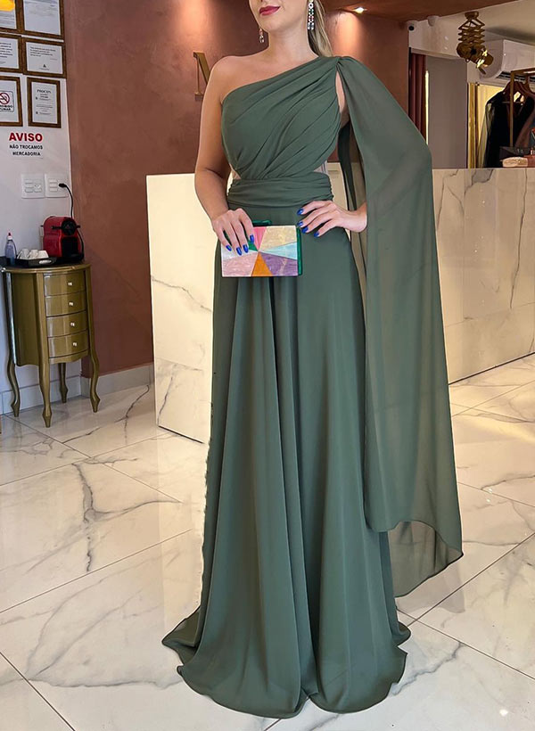 A-Line One-Shoulder Sweep Train Chiffon Evening Dresses