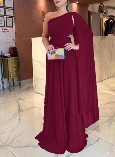 A-Line One-Shoulder Sweep Train Chiffon Evening Dresses