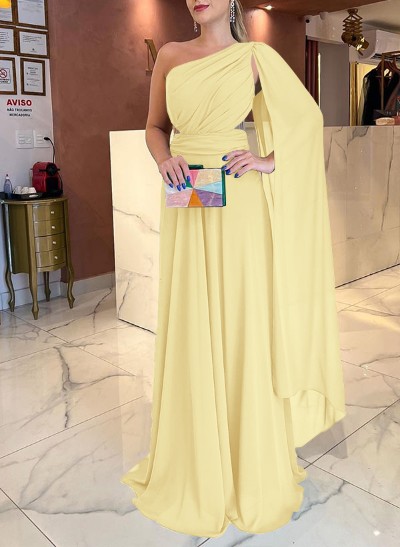 A-Line One-Shoulder Sweep Train Chiffon Evening Dresses