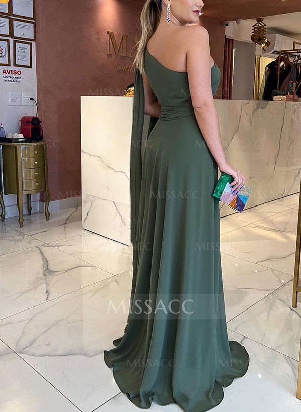 A-Line One-Shoulder Sweep Train Chiffon Evening Dresses