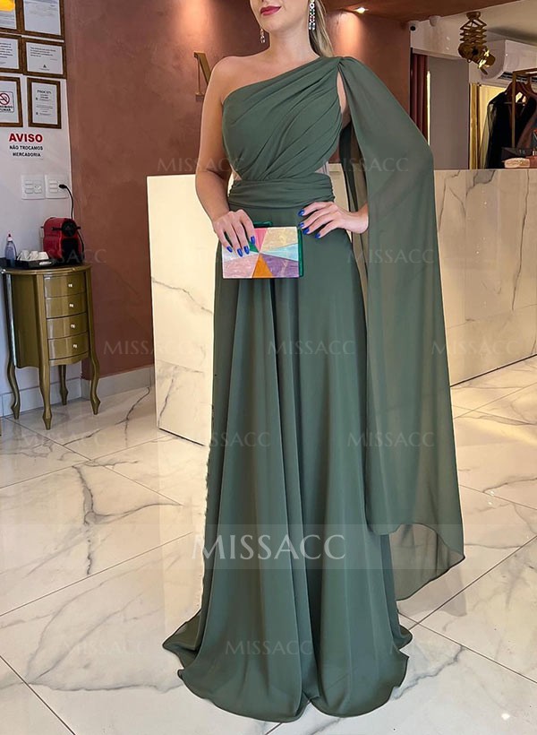 A-Line One-Shoulder Sweep Train Chiffon Evening Dresses