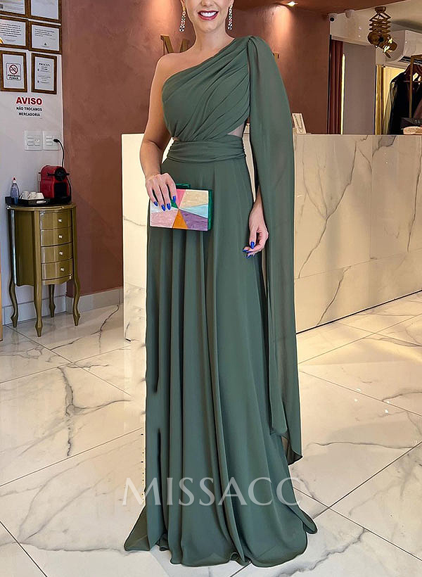 A-Line One-Shoulder Sweep Train Chiffon Evening Dresses A-Line One-Shoulder Sweep Train Chiffon Evening Dresses