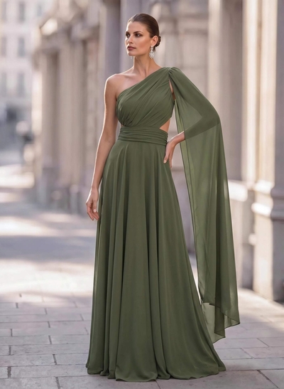 A-Line One-Shoulder Sweep Train Chiffon Mother Of The Bride Dresses