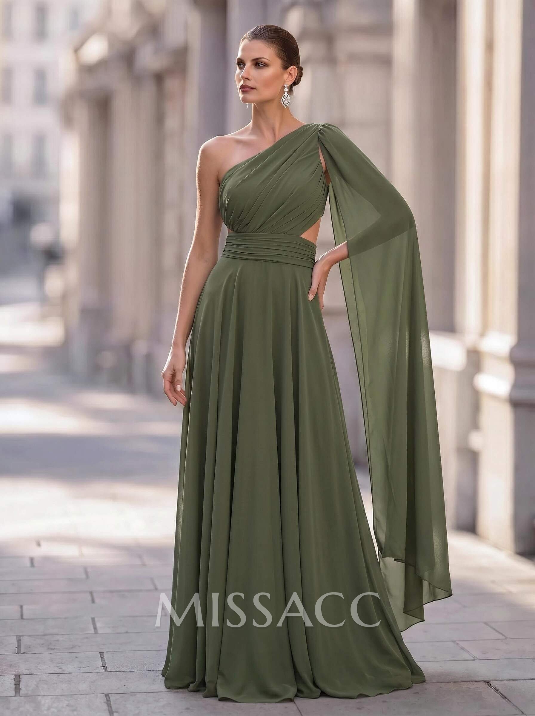 A-Line One-Shoulder Sweep Train Chiffon Evening Dresses A-Line One-Shoulder Sweep Train Chiffon Evening Dresses
