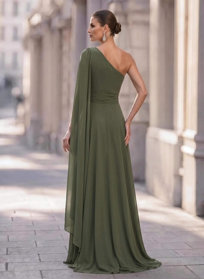 A-Line One-Shoulder Sweep Train Chiffon Mother Of The Bride Dresses