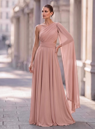 A-Line One-Shoulder Sweep Train Chiffon Evening Dresses