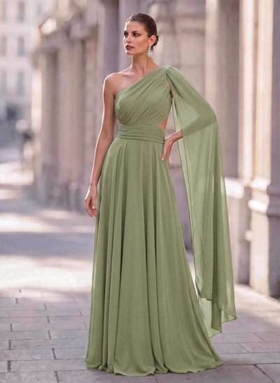 A-Line One-Shoulder Sweep Train Chiffon Evening Dresses