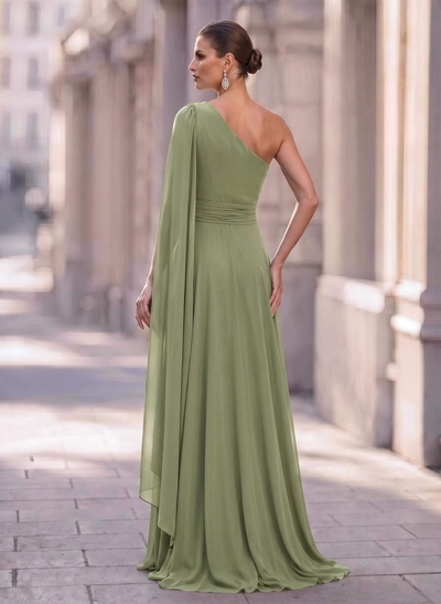 A-Line One-Shoulder Sweep Train Chiffon Evening Dresses