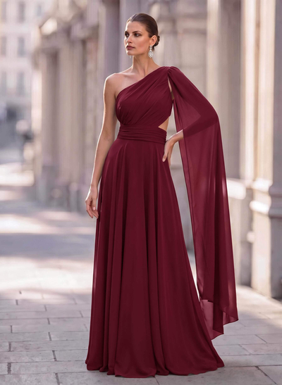 A-Line One-Shoulder Sweep Train Chiffon Evening Dresses