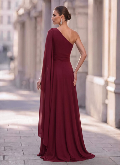 A-Line One-Shoulder Sweep Train Chiffon Evening Dresses