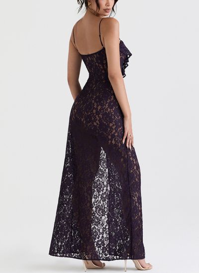 Sheath/Column V-Neck Sleeveless Lace Evening Dresses With Split Front