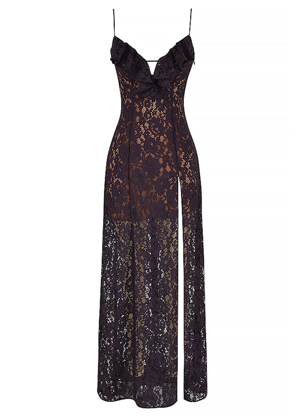 Sheath/Column V-Neck Sleeveless Lace Evening Dresses With Split Front
