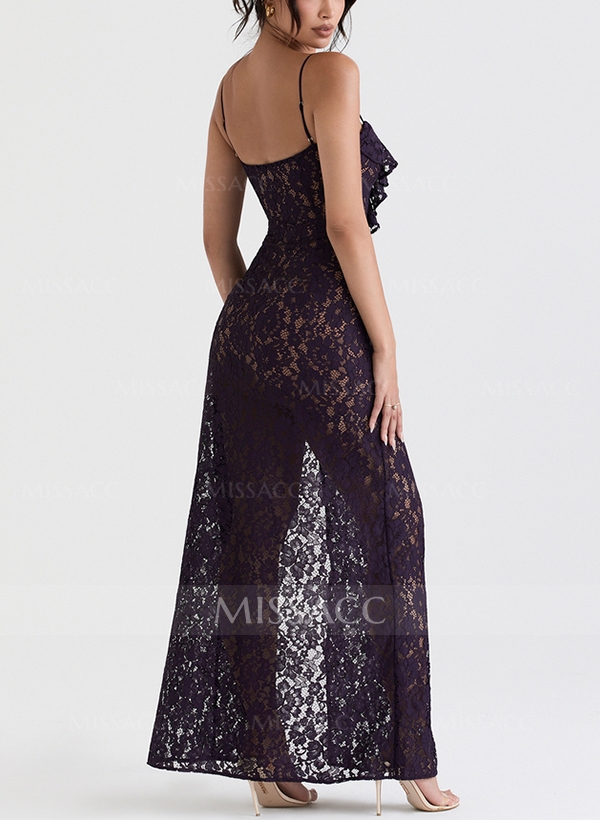 Sheath/Column V-Neck Sleeveless Lace Evening Dresses With Split Front