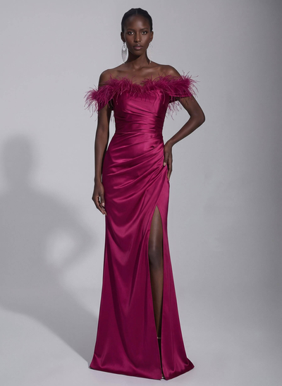 Sheath/Column Off-The-Shoulder Sleeveless Floor-Length Silky Satin Evening Dresses With Split Front