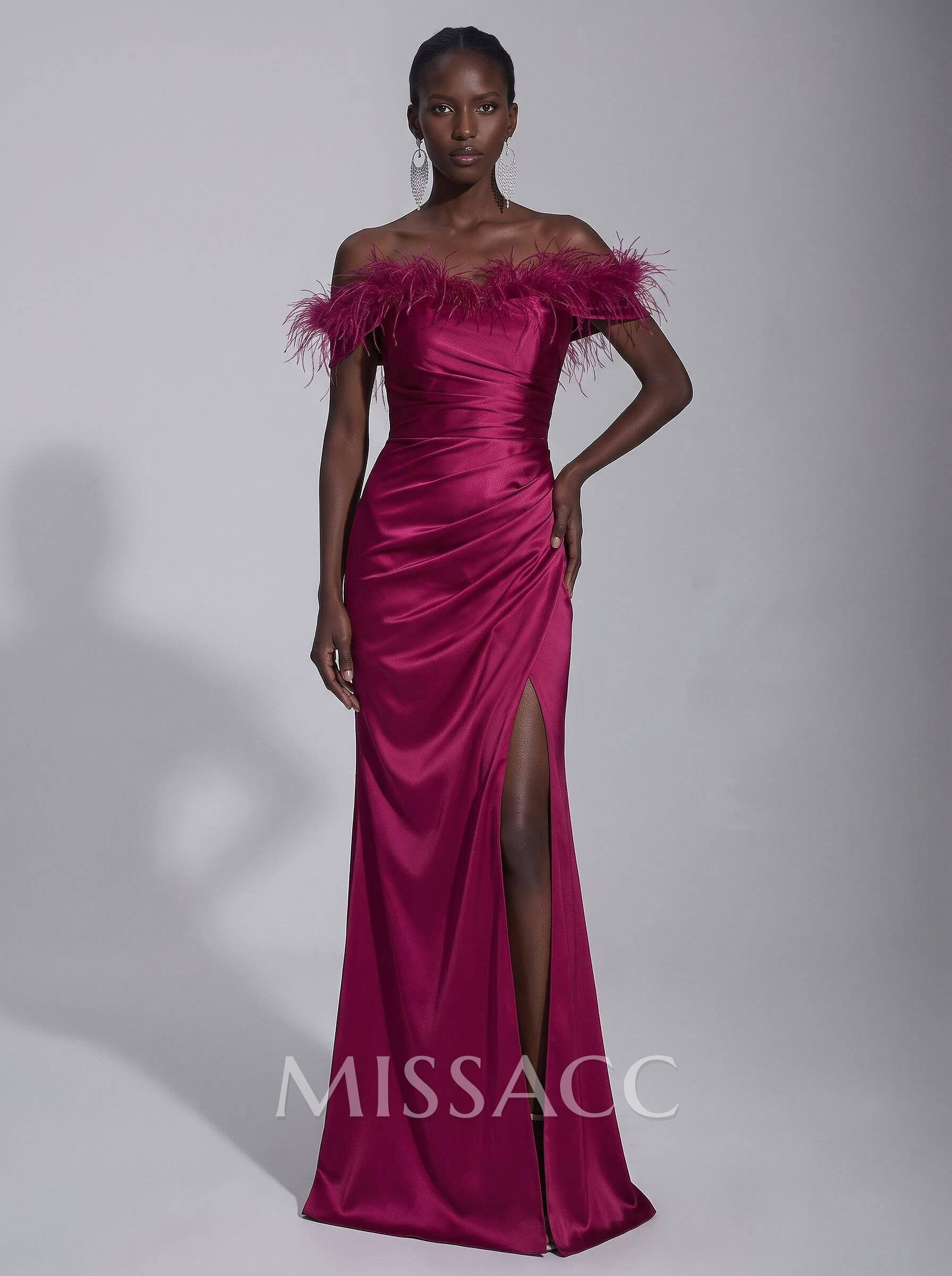 Sheath/Column Off-The-Shoulder Sleeveless Floor-Length Silky Satin Evening Dresses With Split Front